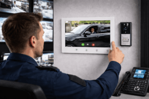 מאבטח מפעיל אינטרקום וידאו חכם לצפייה ואישור כניסת רכב דרך עמדת בקרה