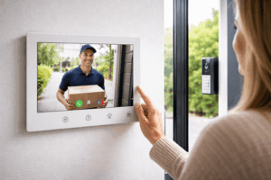 אינטרקום וידאו חכם מציג שליח עם חבילה בכניסה לבית, תושבת הבית מאשרת כניסה דרך המסך