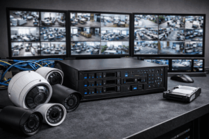 מצלמות אבטחה ושרת הקלטה עם מסכי צפייה במערכת CCTV מתקדמת