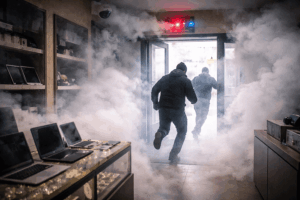 פורצים נמלטים מחנות בעקבות הפעלת מחולל ערפל אבטחתי שממלא את המקום בערפל סמיך