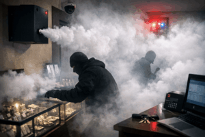 מחולל ערפל בפעולה במהלך ניסיון פריצה לחנות תכשיטים, עם ערפל סמיך שמנטרל את הפורצים