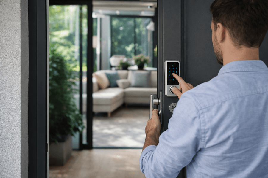 entering-home-using-door-keypad אדם פותח דלת בית לאחר הקלדת קוד בקודן לדלת בכניסה