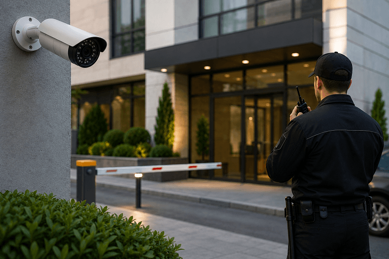 business-security-guard-and-surveillance-camera מאבטח ומצלמת אבטחה בכניסה לבניין משרדים כחלק ממערך אבטחה לעסקים