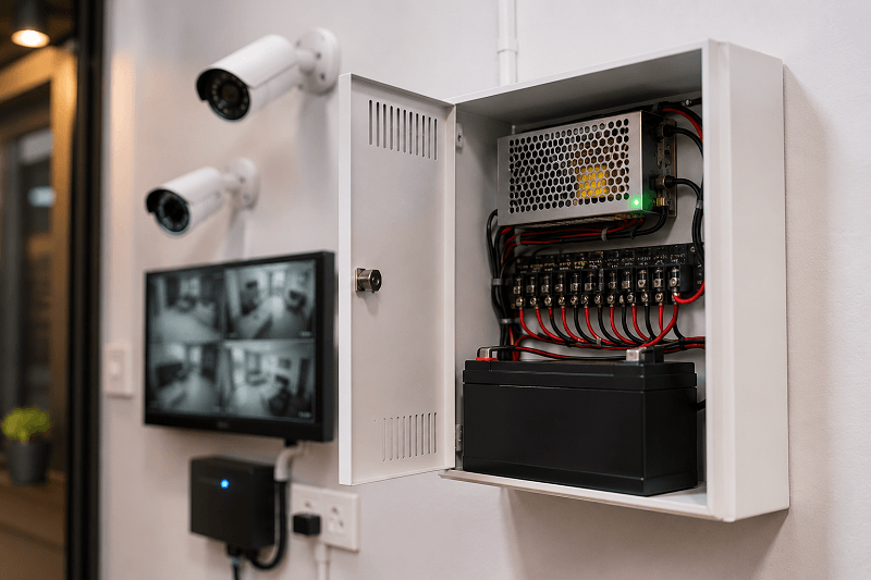 power-supply-backup-battery-security-system ספק כוח עם סוללת גיבוי המחובר למצלמות אבטחה ומערכת הקלטה לצורך אספקת חשמל רציפה