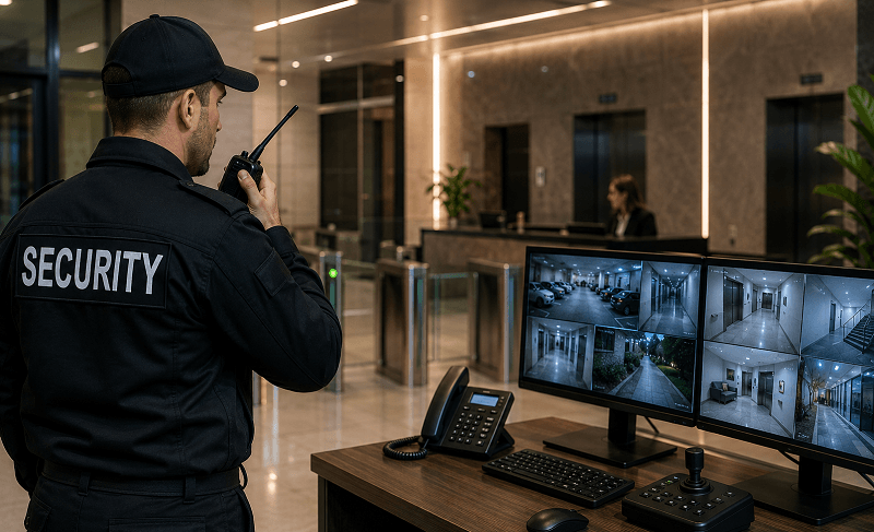security-company-monitoring-control-room-services מאבטח במוקד אבטחה המנטר מצלמות אבטחה ומנהל את ביטחון המבנה בזמן אמת
