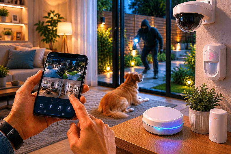 smart-home-security-system-mobile-monitoring מערכת אבטחה חכמה לבית עם מצלמות, חיישני תנועה ושליטה מרחוק באמצעות אפליקציה