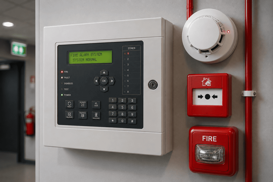 fire-alarm-control-panel-system לוח בקרה של מערכת גילוי אש עם גלאי עשן ואזעקת חירום